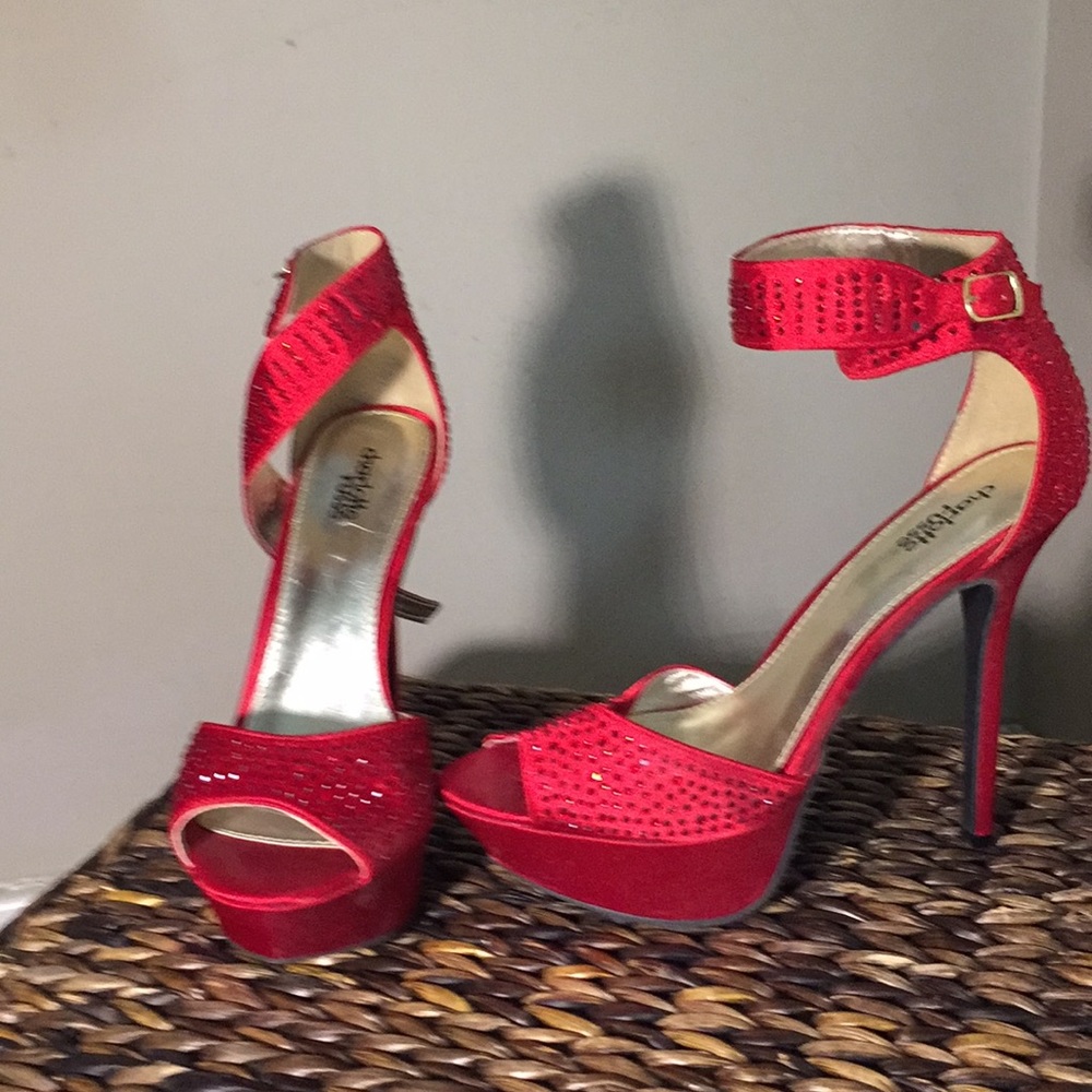 Red satin rhinestone platform heels